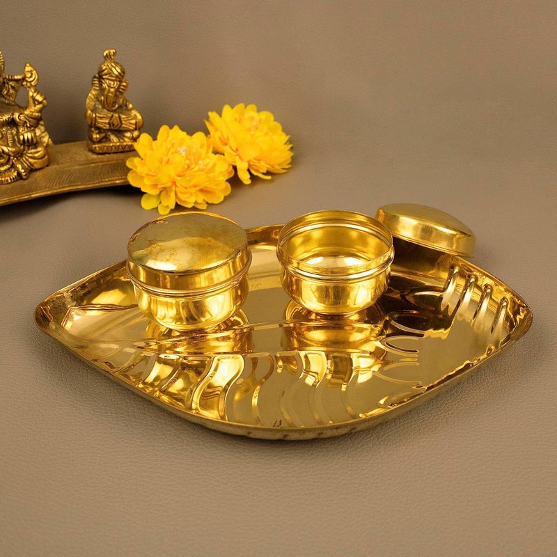 Spillbox Traditional Handcrafted Brass Thali Haldi kumkum Chandhan Holder Stand Plate with Lid for PoojaWorship Tilak Thali Sangu Plate with 2 Bowl - Image 5