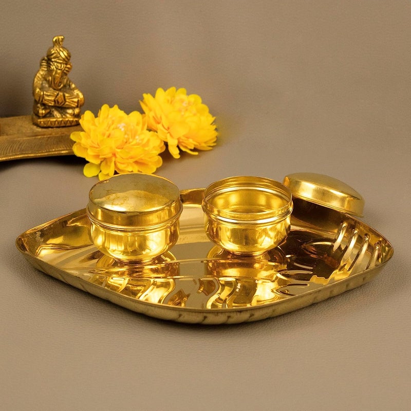 Spillbox Traditional Handcrafted Brass Thali Haldi kumkum Chandhan Holder Stand Plate with Lid for PoojaWorship Tilak Thali Sangu Plate with 2 Bowl - Image 3