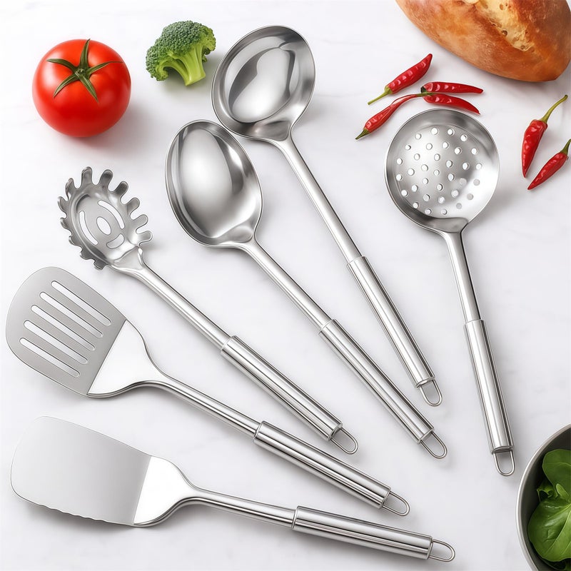 Blithely Stainless Steel Kitchen Utensils Set, 6 PCS Metal Cooking Utensils Set, Heat Resistant Cooking Spatula Spoon Set with Turners, Serving Spoon, Ladle, Skimmer, Pasta Server - Image 4