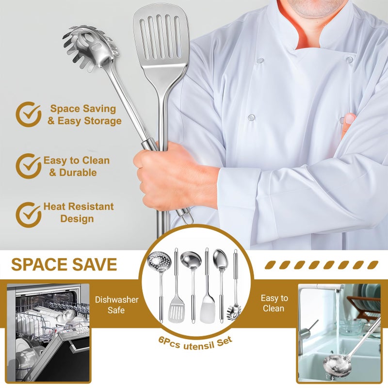 Blithely Stainless Steel Kitchen Utensils Set, 6 PCS Metal Cooking Utensils Set, Heat Resistant Cooking Spatula Spoon Set with Turners, Serving Spoon, Ladle, Skimmer, Pasta Server - Image 3