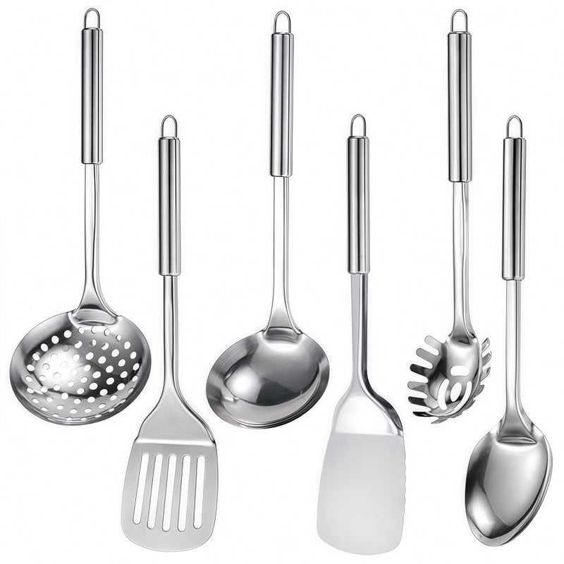 Blithely Stainless Steel Kitchen Utensils Set, 6 PCS Metal Cooking Utensils Set, Heat Resistant Cooking Spatula Spoon Set with Turners, Serving Spoon, Ladle, Skimmer, Pasta Server - Image 1