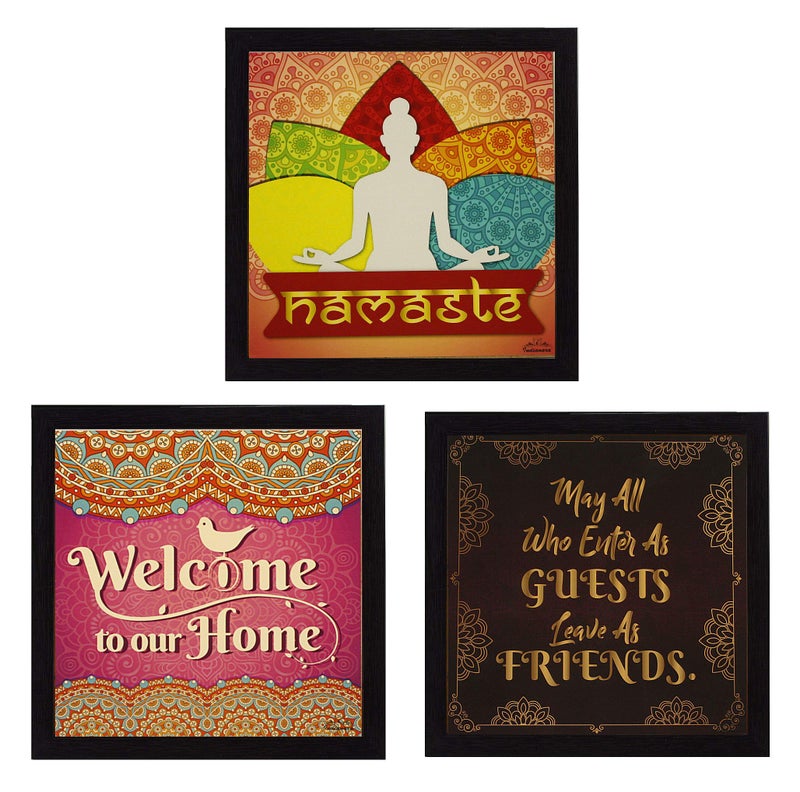 Indianara 3 Piece Set of Framed Wall Hanging Welcome Home Decor Art (1519) Prints 8.7 inch X 8.7 inch Without Glass (9.5 inch x 9.5 inch, Black) - Image 1