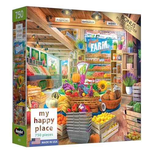 RoseArt My Happy Place Organic Fresh Market 1000 Piece Jigsaw Puzzle Colorful Farm Stand Scene Made in USA - Image 1