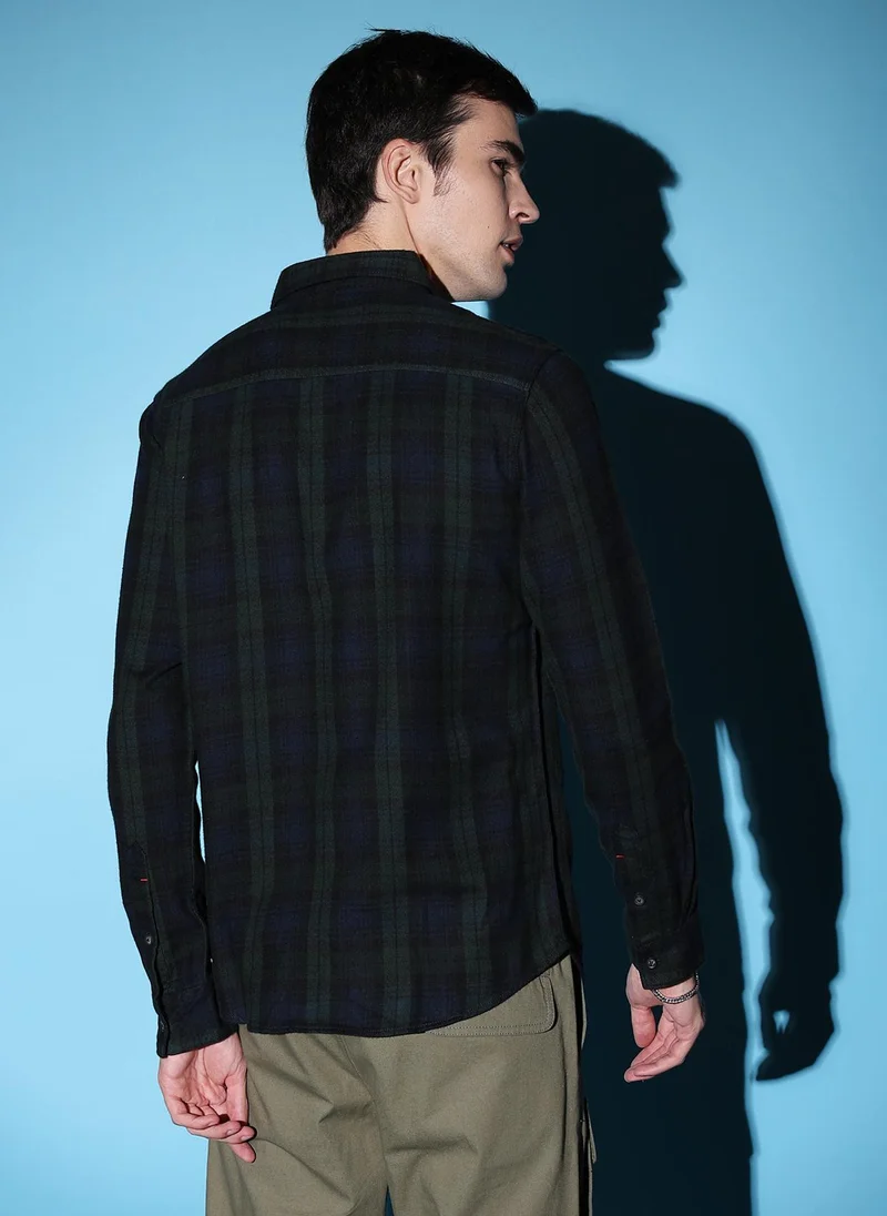 The Indian Garage Co Men Slim Fit Checkered Full Sleeves Cutaway Collar Casual Shirt