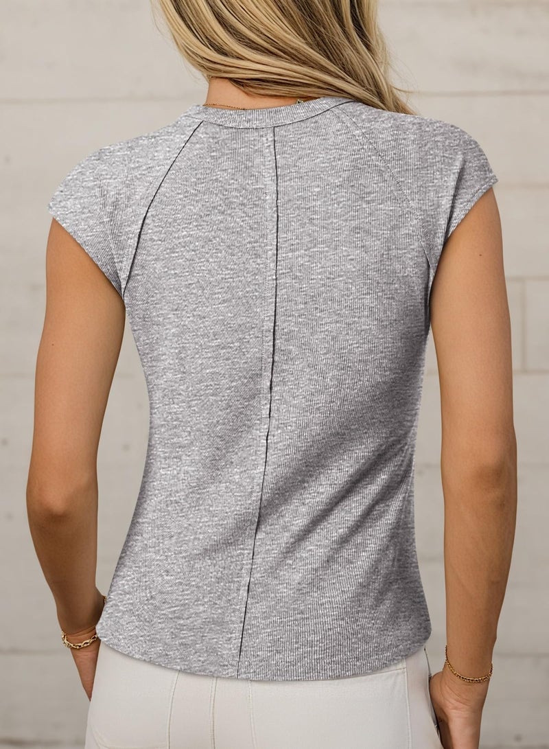 Sidefeel Womens Casual Crewneck Cap Sleeve Tops Summer Basic T Shirts Ribbed Raw Hem Slim Fit Tees Blouses Gray XL - Image 2