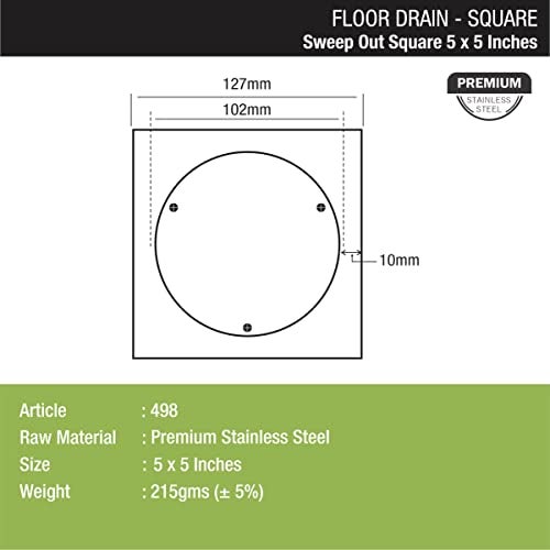 LIPKA Sweep Out Square Floor Drain |Premium Stainless Steel |5 x 5 Inches| - Image 2