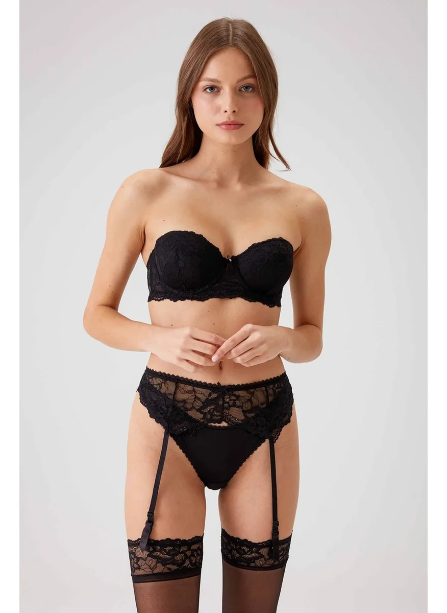 pierre cardin Black 4793 Siena Underwire Unsupported Lace Stocking Garter Bra Set (Removable Straps)