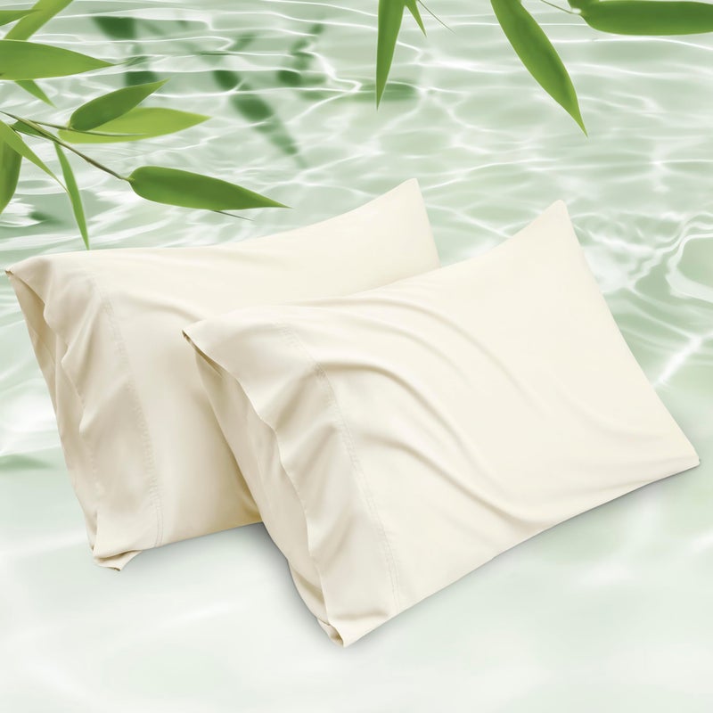 Bedsure Pillow Cases Queen, Cooling Pillow Cases, Rayon Derived from Bamboo Cream Pillowcases Queen Size Set of 2, PureWoven Silky Soft Bedding Pillow Covers with Envelope Closure, 20x30 Inches - Image 1