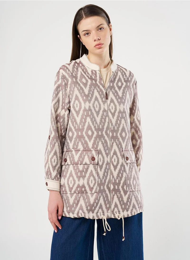 Kayra Wide-Pocket Denim Trim Jacket in Coffee