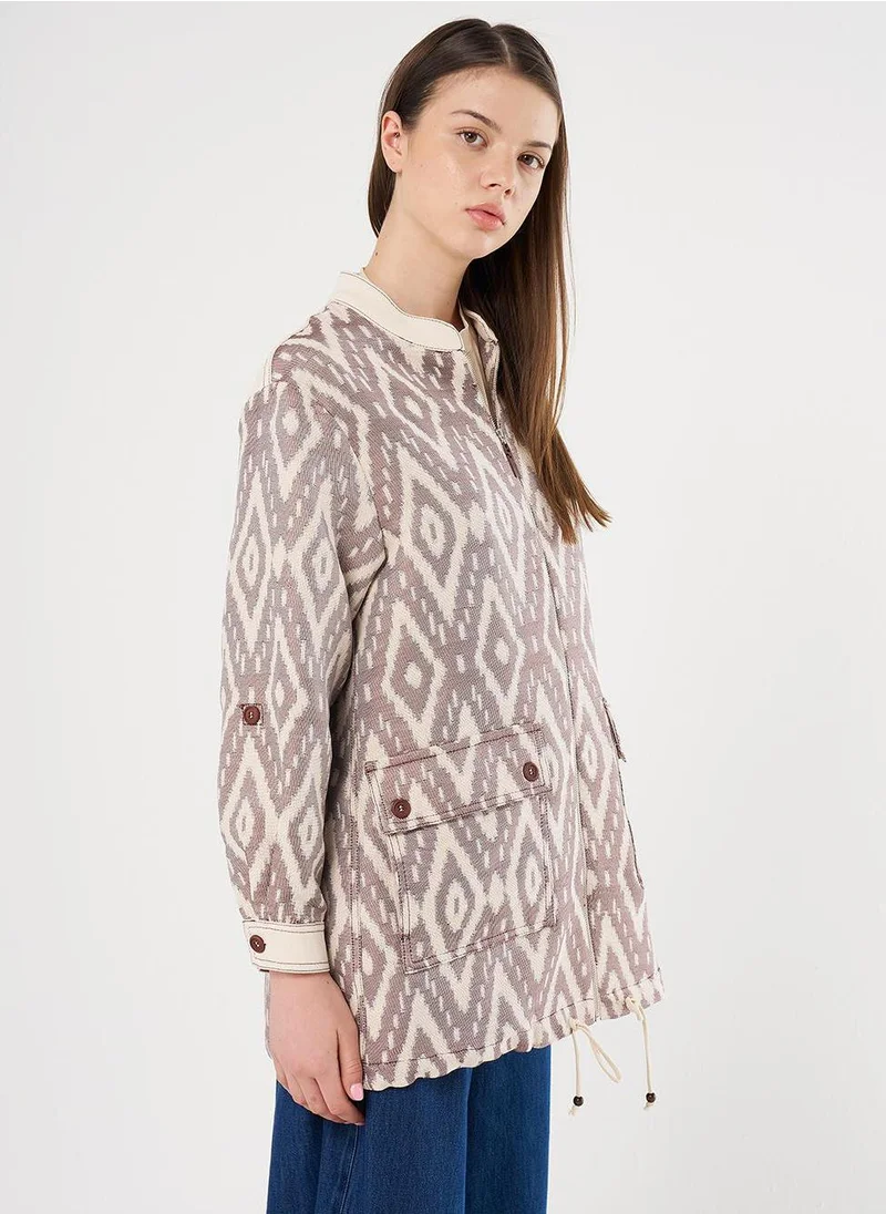 Kayra Wide-Pocket Denim Trim Jacket in Coffee