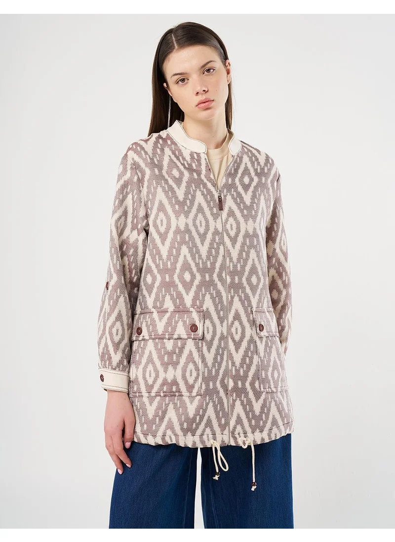 Kayra Wide-Pocket Denim Trim Jacket in Coffee