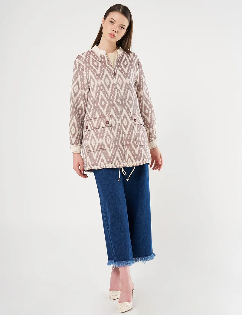 Kayra Wide-Pocket Denim Trim Jacket in Coffee