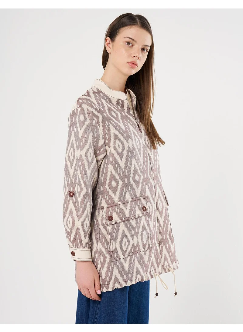 Kayra Wide-Pocket Denim Trim Jacket in Coffee