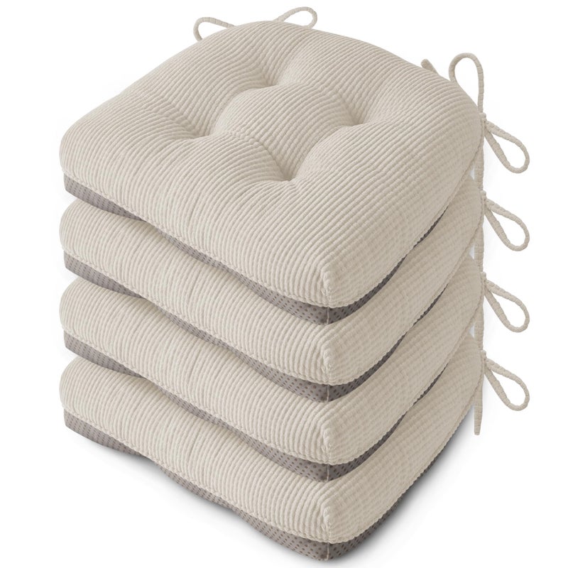FlyGulls Indoor Kitchen Chair Cushions Set of 4 18"X16.5"X3" Soft Anti Slip Dining Chair Pads Tufted Kitchen Seat Cushion with Ties, Beige - Image 1