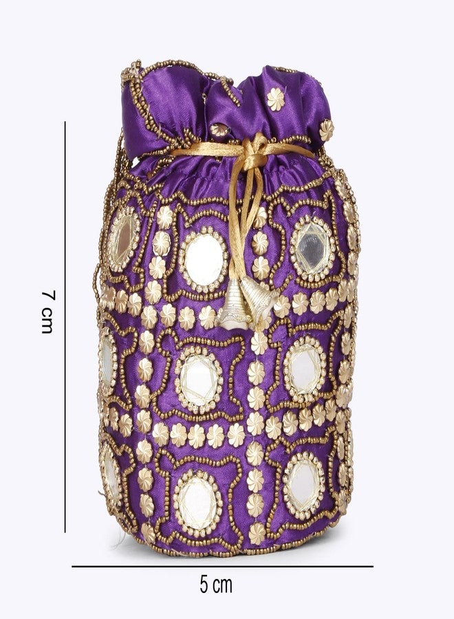 Nirupama Collections (Purple) potli bag for women hand bags traditional Indian Wristlet with drwastring Ethnic Embroidery Potli Hand bags - Image 4