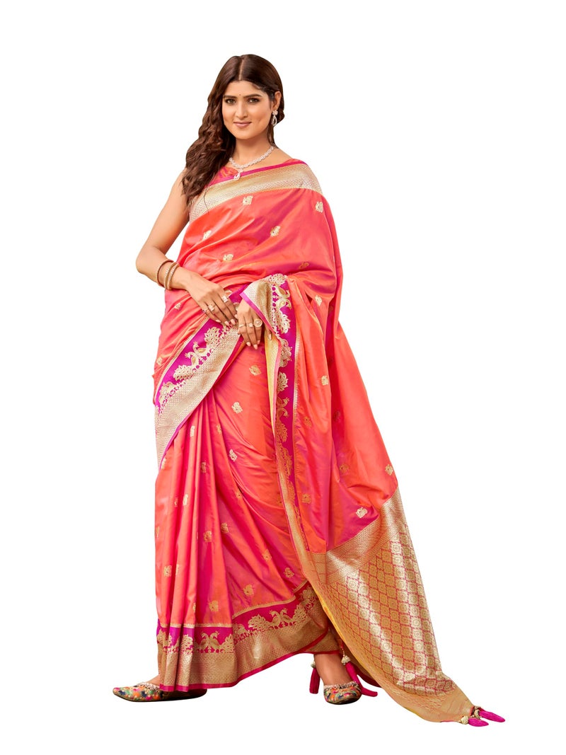 MANOHARI Women's Most Trendy Banarasi Satin Silk Woven Coral Orange Animal Design Pattern Pattern Saree With Heavy Jacquard Work Saree With Blouse Piece_MN2040 - Image 1
