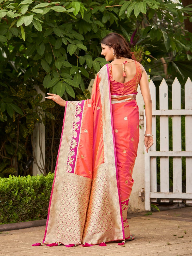 MANOHARI Women's Most Trendy Banarasi Satin Silk Woven Coral Orange Animal Design Pattern Pattern Saree With Heavy Jacquard Work Saree With Blouse Piece_MN2040 - Image 4