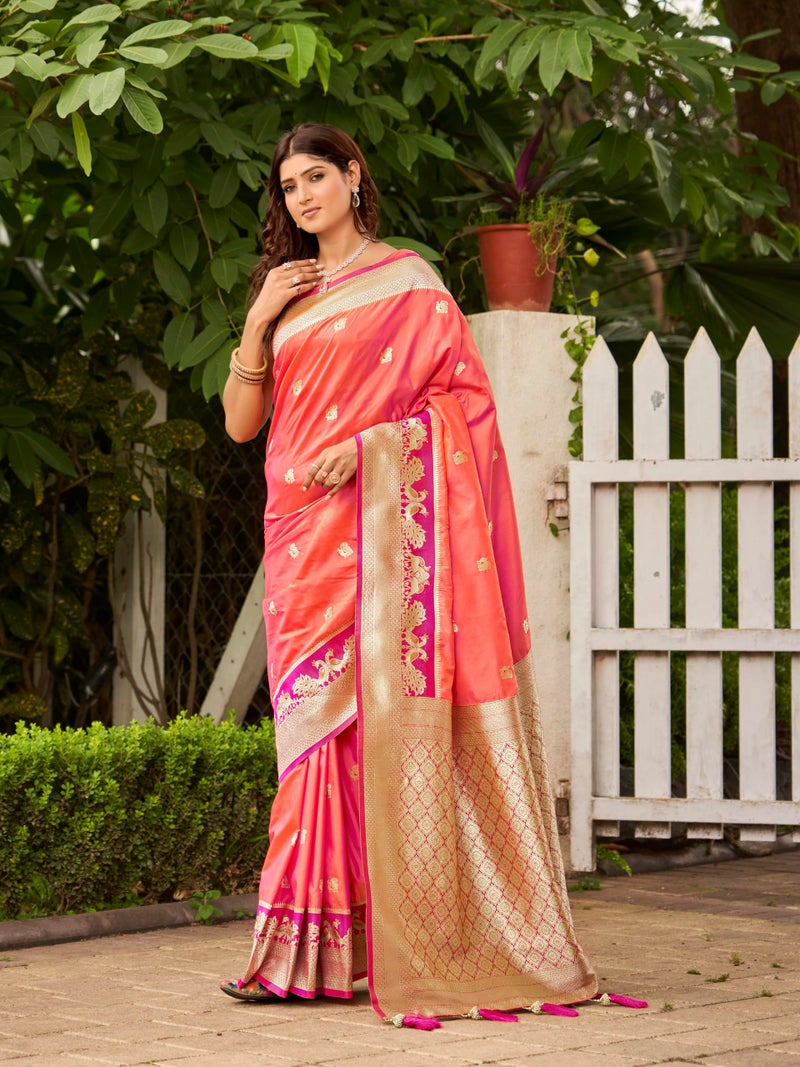 MANOHARI Women's Most Trendy Banarasi Satin Silk Woven Coral Orange Animal Design Pattern Pattern Saree With Heavy Jacquard Work Saree With Blouse Piece_MN2040 - Image 3