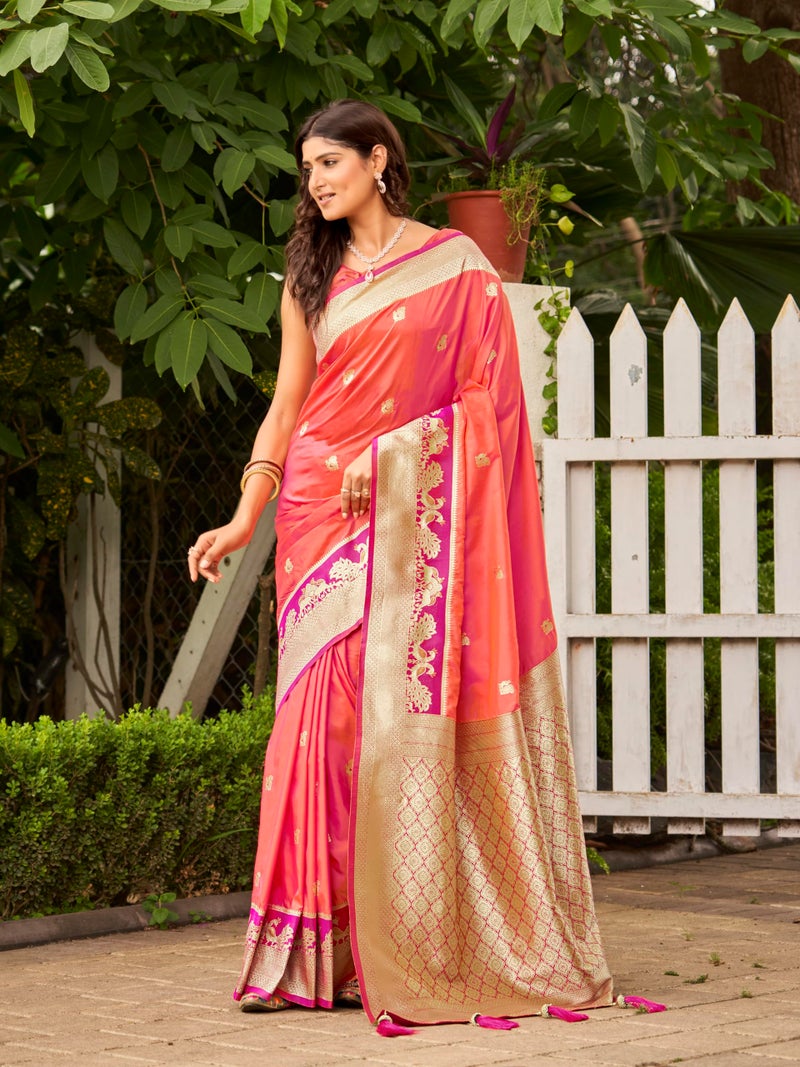 MANOHARI Women's Most Trendy Banarasi Satin Silk Woven Coral Orange Animal Design Pattern Pattern Saree With Heavy Jacquard Work Saree With Blouse Piece_MN2040 - Image 2