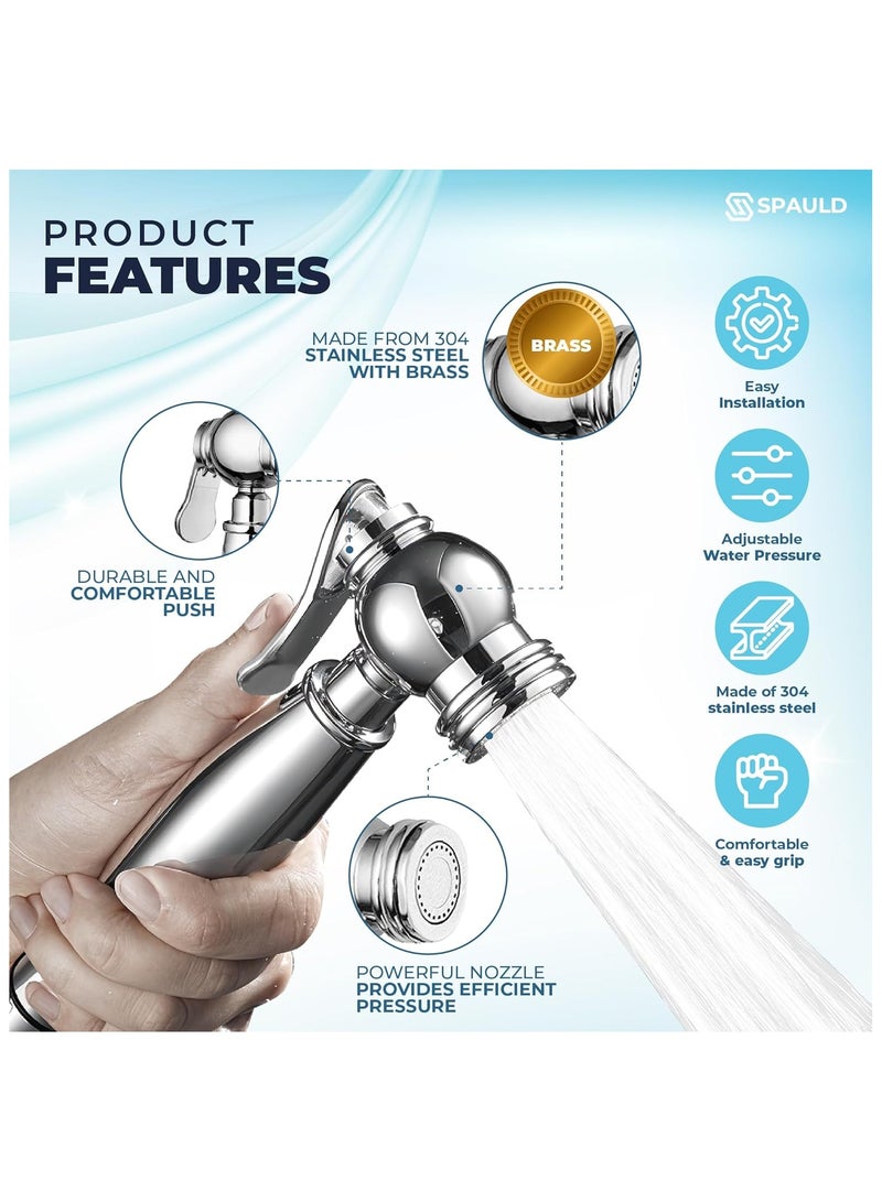 سبولد بخاخ بيديه يدوي للمرحاض | طقم رش نفاث من الفولاذ المقاوم للصدأ بمقبض نحاسي | دش إسلامي للمرحاض | شطاف | خرطوم وحامل مثبت على الحائط من النيكل المصقول | نظافة الحمام وتنظيف متعدد الأغراض - Image 2