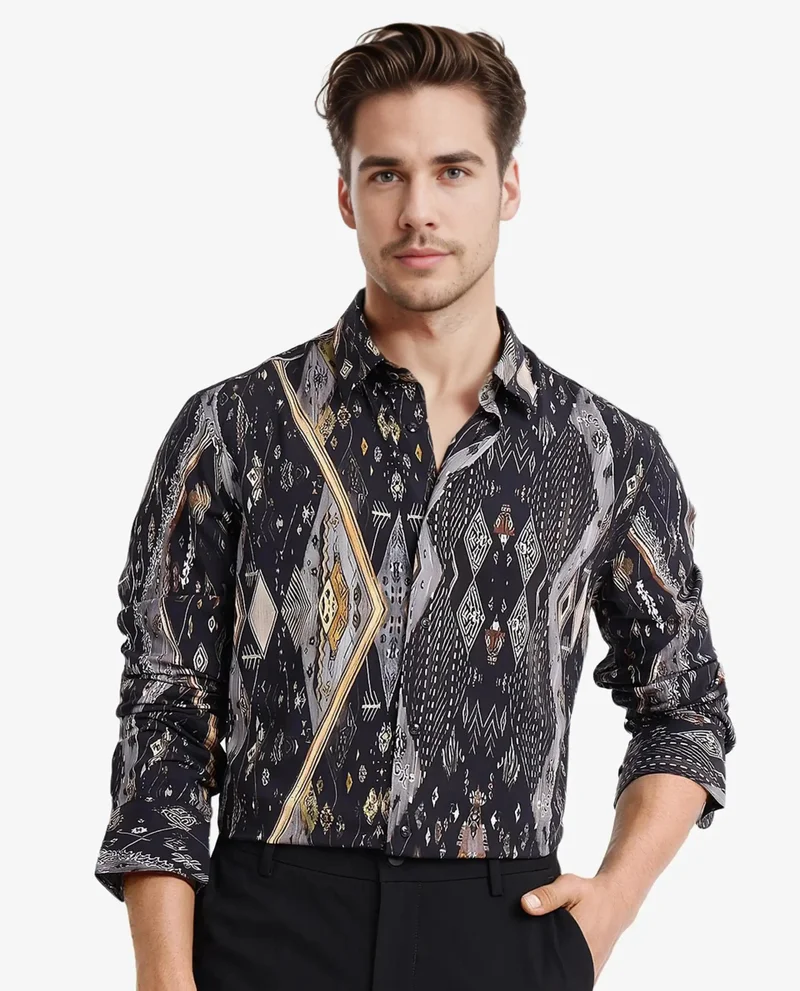 Rare Rabbit Rare Rabbit Men Ciphor Black Full Sleeve Regular Fit Decorative Print Shirt