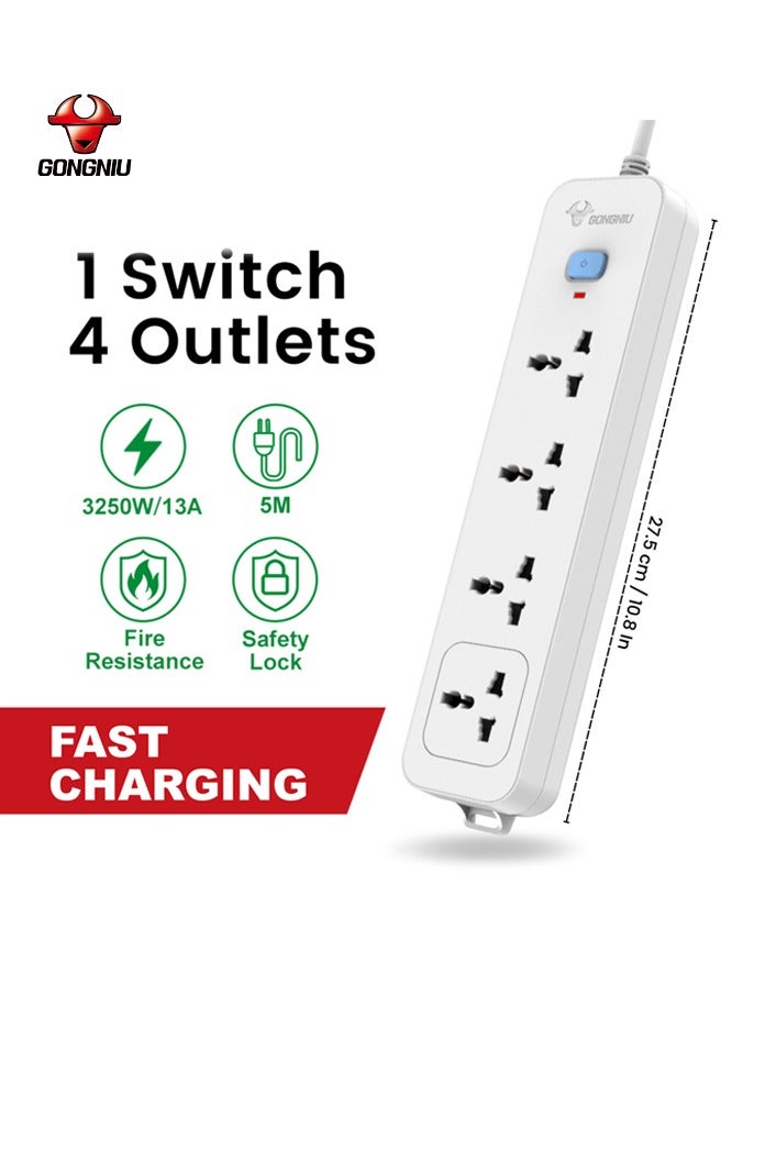 غونغنيو وصلة كهرباء بـ 4 منافذ – كابل 5 متر، مفتاح واحد | قابس متعدد مع حماية من زيادة التيار، مقاومة للحريق، وقفل أمان – مثالية للمنزل والمكتب والسفر - Image 2