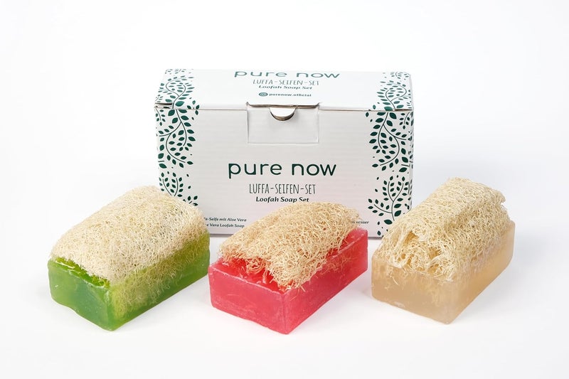 Loofah Soap Set 3 x 100 g With Aloe Vera Rose Oil Rice Water Vegan Natural Exfoliation Moisturising