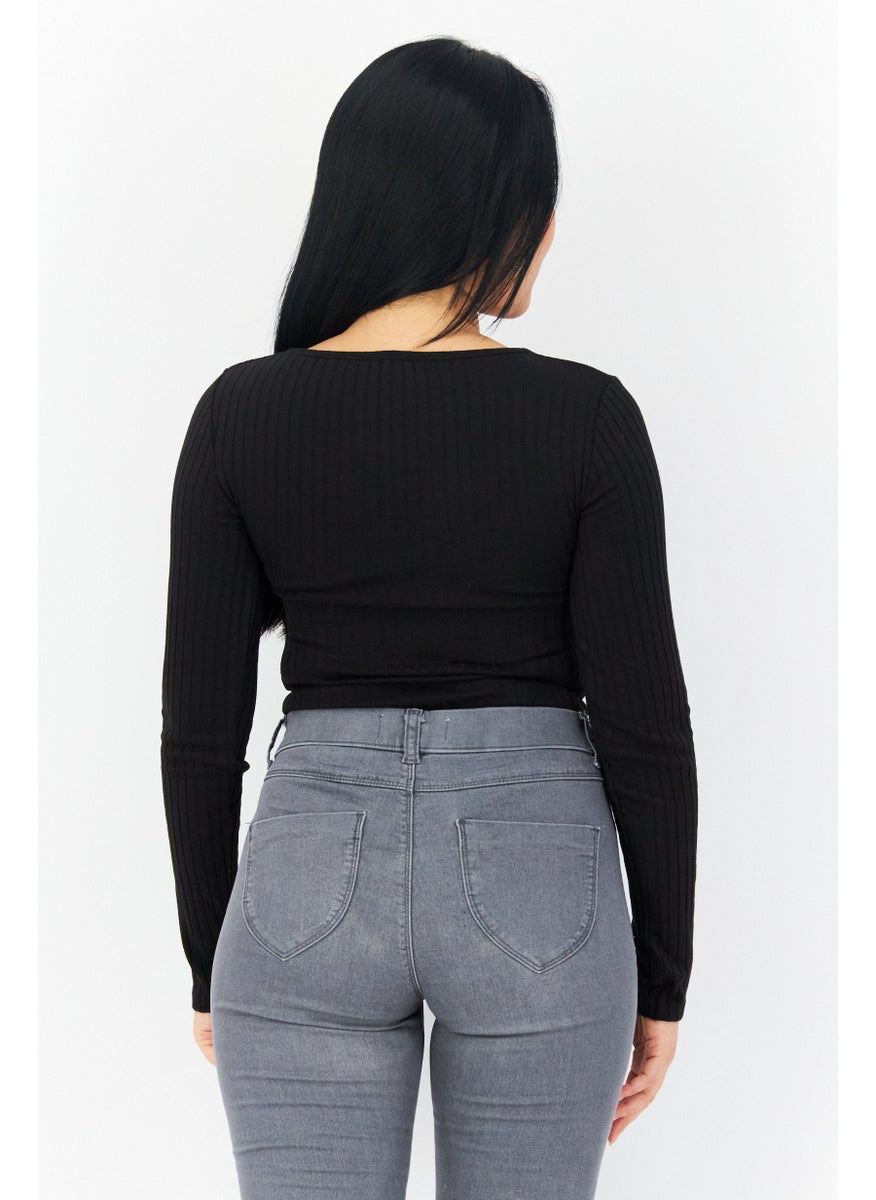 Don't Call Me Jennyfer - Women Ribbed Long Sleeve Bodysuit, Black - Image 1
