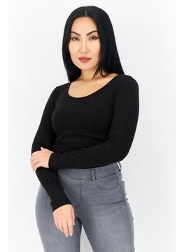Women Ribbed Long Sleeve Bodysuit, Black