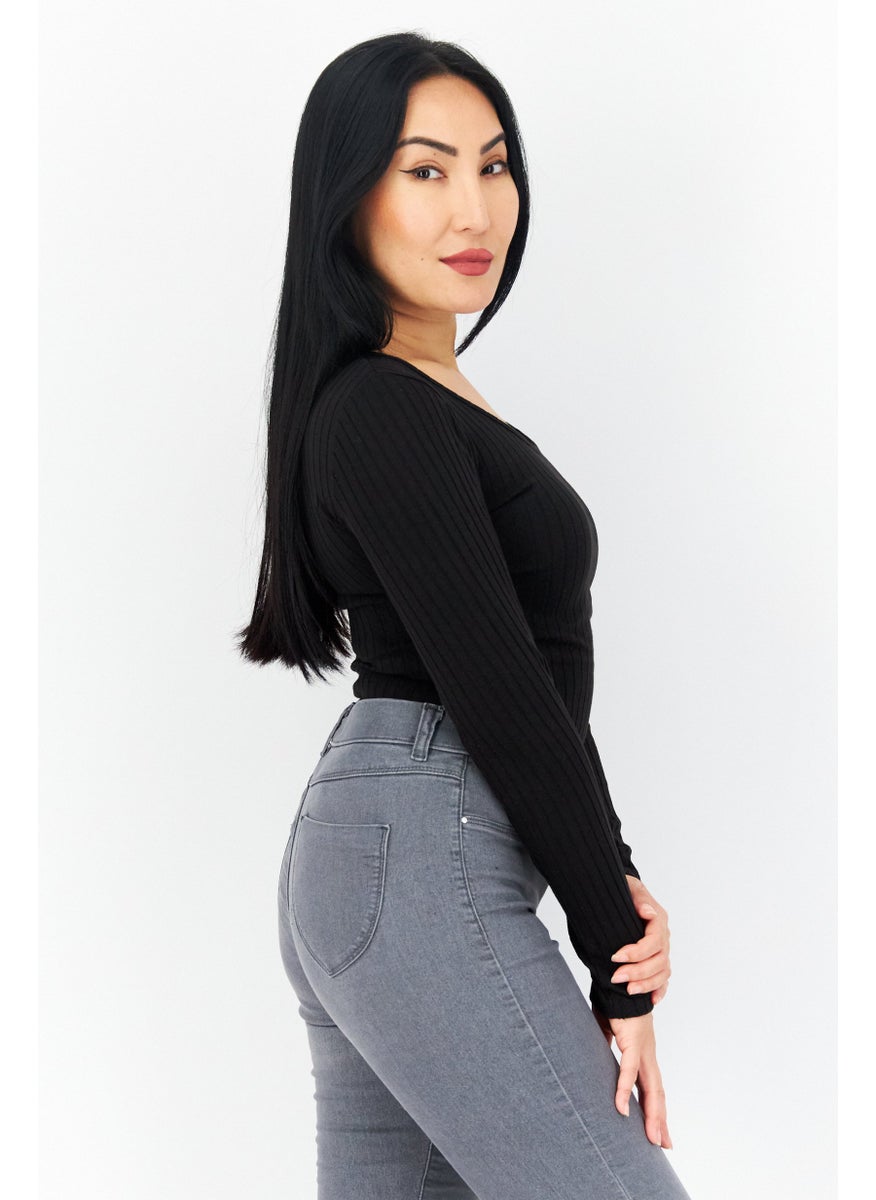 Don't Call Me Jennyfer - Women Ribbed Long Sleeve Bodysuit, Black - Image 1