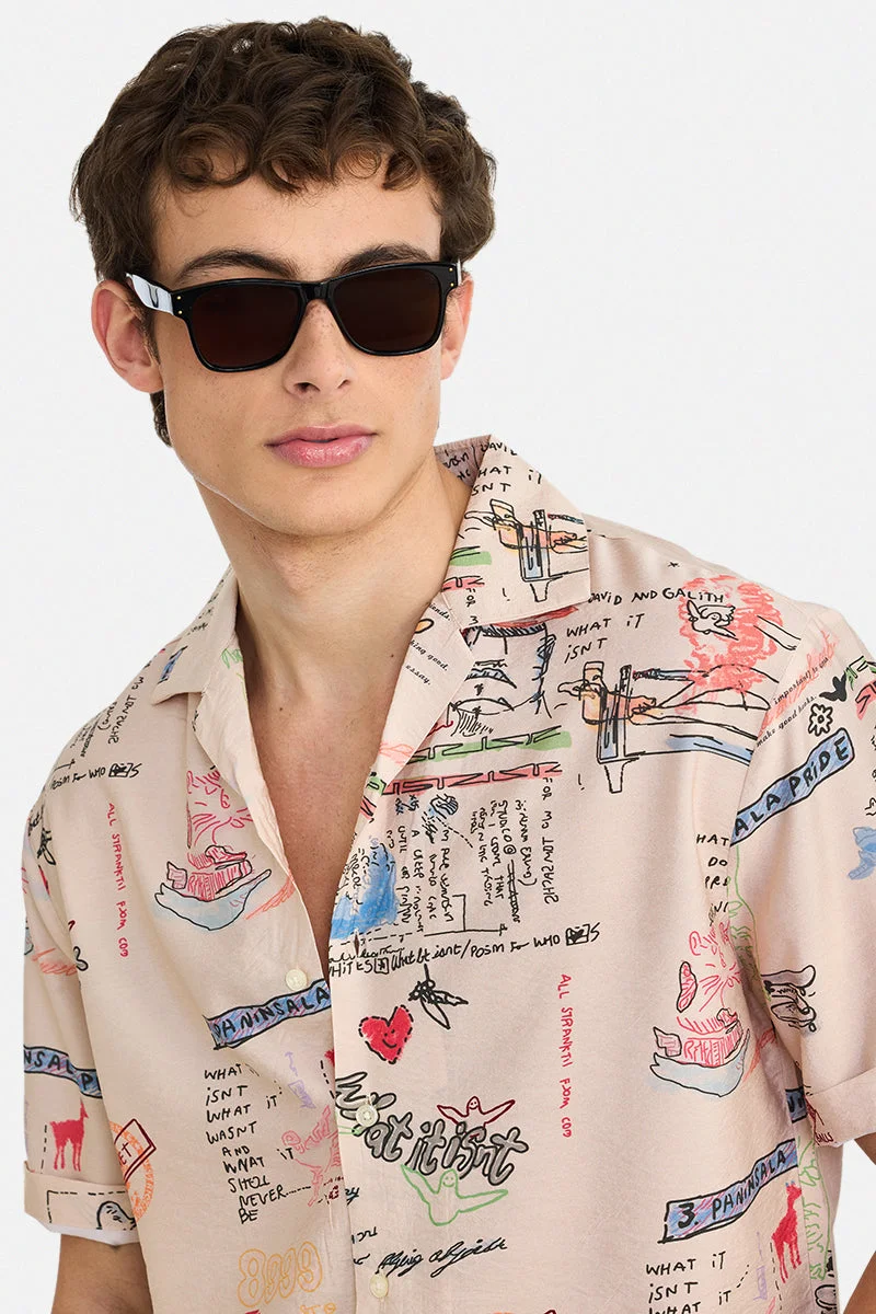 SNITCH Cream Graphic Half Sleeve Boxy Shirt