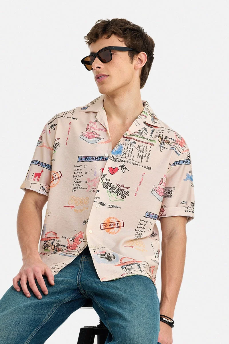 SNITCH Cream Graphic Half Sleeve Boxy Shirt