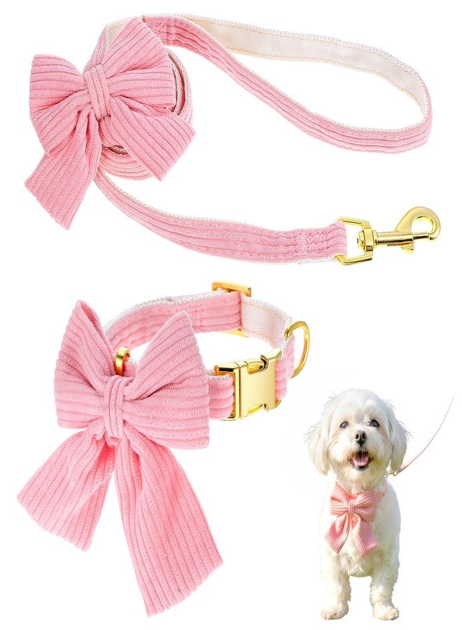 Yuanchu Dog Collar and Leash Set with Bowtie, Cute Pink Dog Collars Bow Metal Buckle Adjustable Corduroy Dogs Collar 10‘’-16‘’ for Small Medium Puppy Dogs with 5 FT Leash Pink S - Image 1