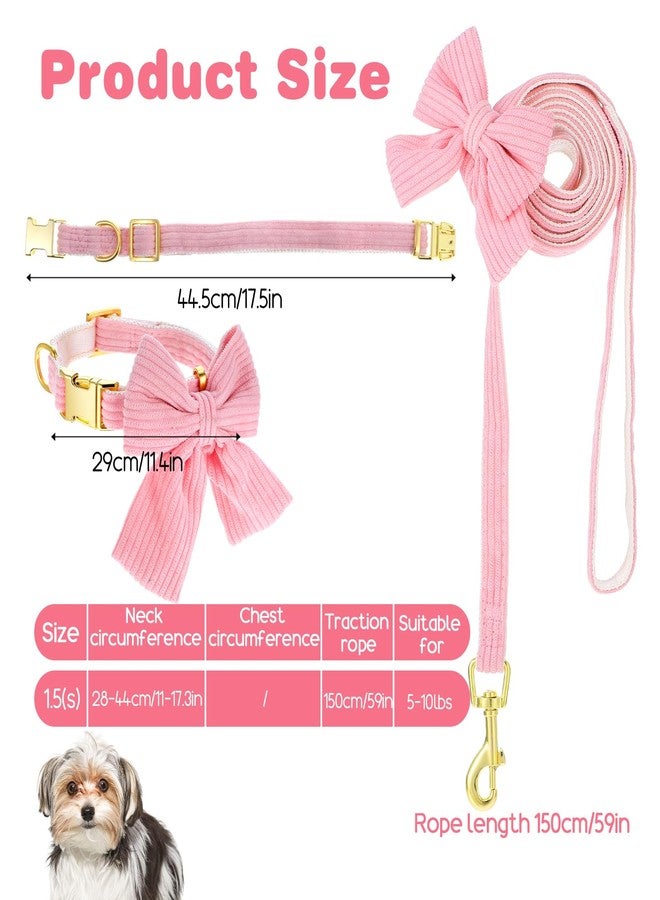 Yuanchu Dog Collar and Leash Set with Bowtie, Cute Pink Dog Collars Bow Metal Buckle Adjustable Corduroy Dogs Collar 10‘’-16‘’ for Small Medium Puppy Dogs with 5 FT Leash Pink S - Image 2