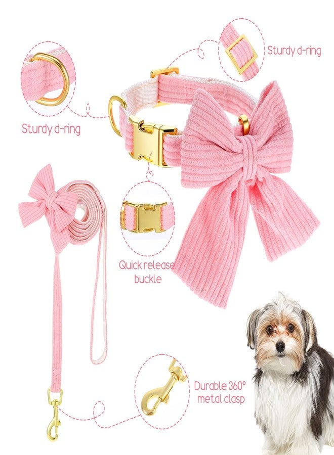 Yuanchu Dog Collar and Leash Set with Bowtie, Cute Pink Dog Collars Bow Metal Buckle Adjustable Corduroy Dogs Collar 10‘’-16‘’ for Small Medium Puppy Dogs with 5 FT Leash Pink S - Image 3