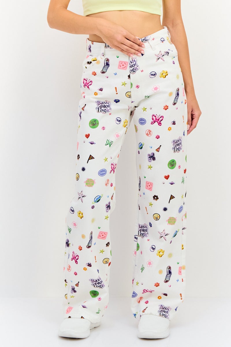 Bershka جينز نسائي بقصة عادية وساق واسعة بطباعة جرافيكية، متعدد الألوان - Image 1