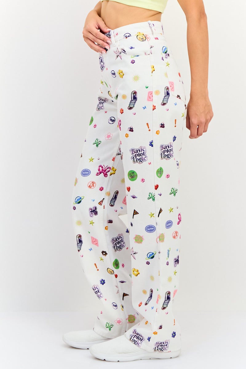 Bershka جينز نسائي بقصة عادية وساق واسعة بطباعة جرافيكية، متعدد الألوان - Image 2