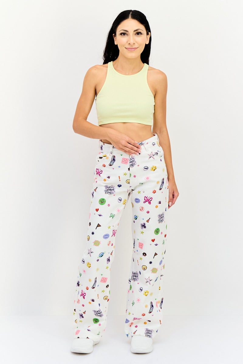 Bershka جينز نسائي بقصة عادية وساق واسعة بطباعة جرافيكية، متعدد الألوان - Image 4