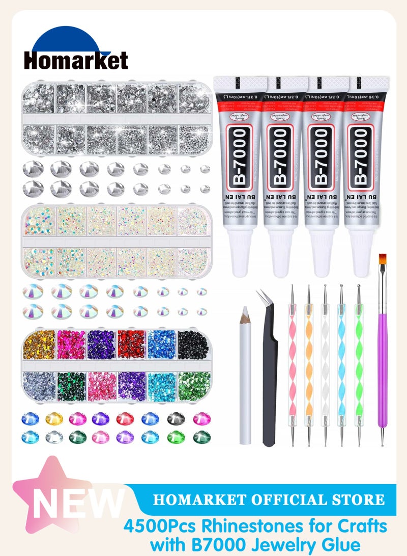 HomarKet 4500Pcs Rhinestones for Crafts with B7000 Jewelry Glue, Rhinestones with Gems Adhesive for Shoes Cloth Fabric with Picker Pencil for Crafting Diamond Art Graduation Cap Decorations - Image 1