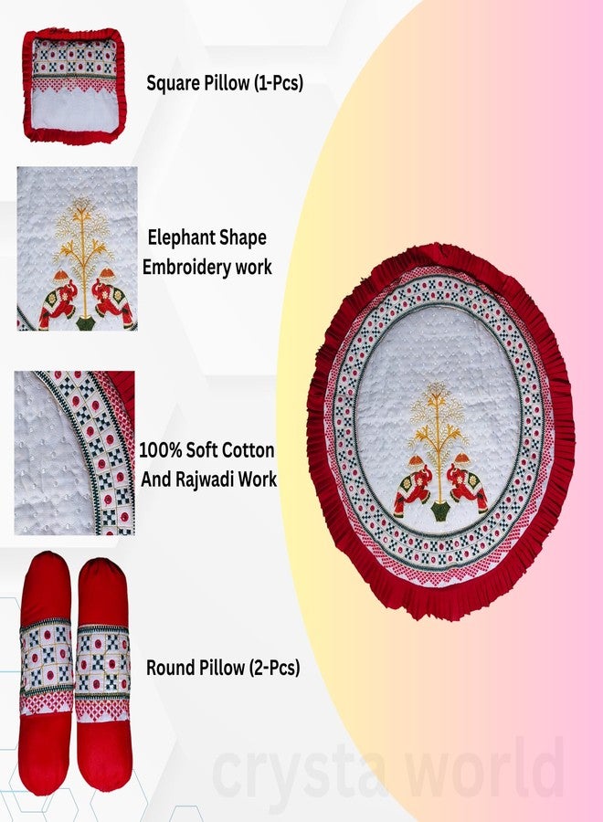 CRYSTA WORLD Traditional Cotton Baby Bedding Set with 1 Square Pillow, 2 Round Pillows, Red and White, New Born Baby & in Portable Bassinet for Baby Carrying &Sleeping,0-12 Months (Pack of 4 Piece) - Image 2