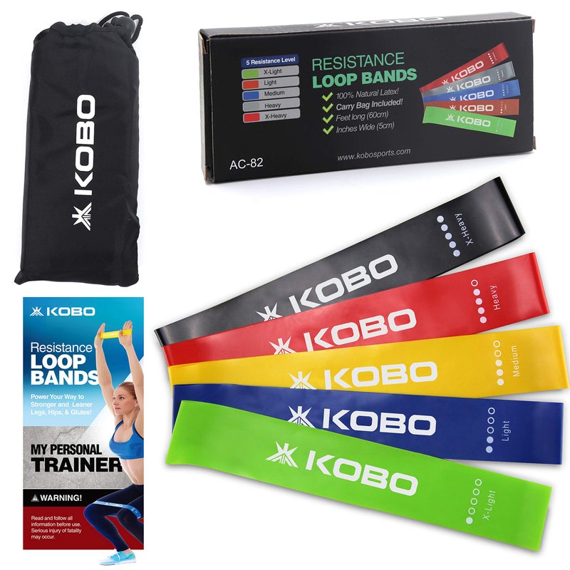 Kobo AC-82 Latex Resistance Loop Band 2" Wide Set of 5 for Squats, HIPS & Glutes, Yoga, Crossfit, Strength Training, Physical Therapy for Men & Women - Includes Travel Bag & Workout Guide Booklet - Image 5