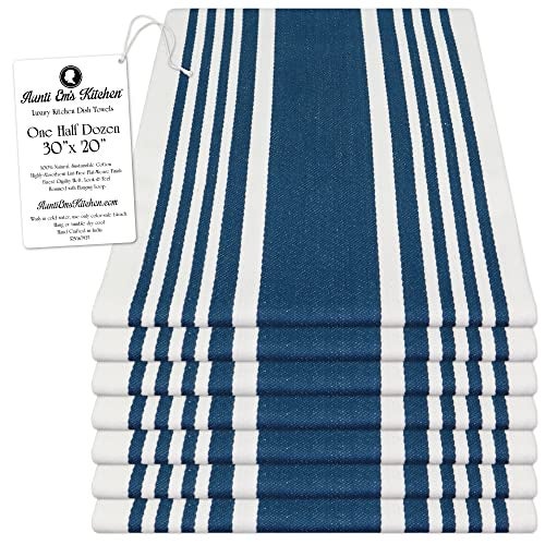 Aunti Em's Kitchen Designer Hand and Kitchen Dish Towels Woven from 100% Responsibly-Farmed, Thick, Luxurious Cotton, Oversized 20 x 30 inches, One Half Dozen, Marine Stripe - Image 1