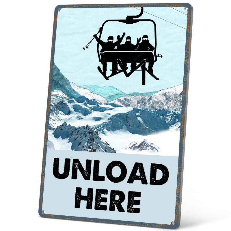 HYBLOM Vintage Unload Here Metal Sign - Ski Decor, Skiing Party Decorations for Chalet, Lodge, Apres Ski, Ski Resort Wall Art, Aluminum 12x8 Inch - Image 1