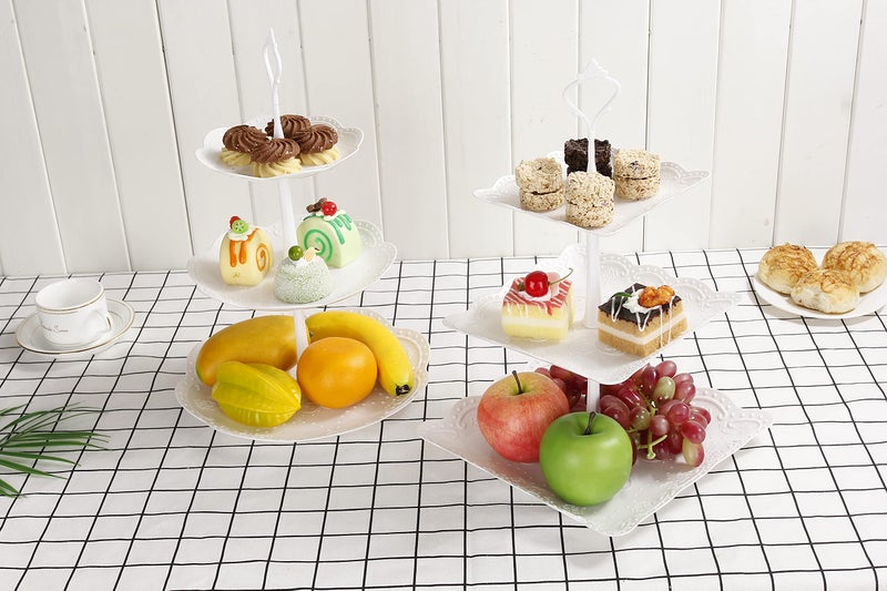 Chneeu 2 Set 3-Tier White Dessert Cake Stand  Plastic Pastry Stand Small Cupcake Stand Cookie Tray Rack Candy Buffet Set Up Fruit Plate And Trays For Wedding Home Birthday Party Decor Serving Platter - Image 4