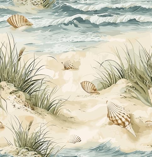 LaCheery Peel and Stick Wallpaper Coastal Beach Wallpaper for Bedroom 175x276 Seashell Conch Grass Mural Wall Paper Nature Ocean Wave Contact Paper for Bathroom Walls Nursery Laundry Removable Roll - Image 1