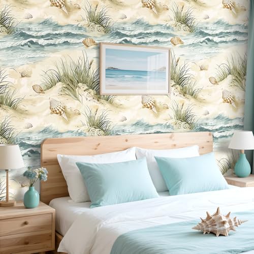 LaCheery Peel and Stick Wallpaper Coastal Beach Wallpaper for Bedroom 175x276 Seashell Conch Grass Mural Wall Paper Nature Ocean Wave Contact Paper for Bathroom Walls Nursery Laundry Removable Roll - Image 3