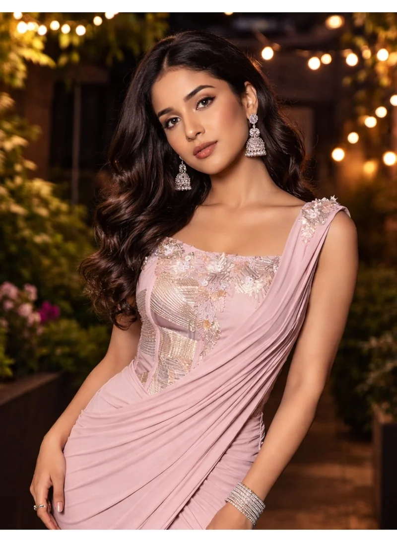 Lehar Baby Pink Embroidered Corset Saree Set