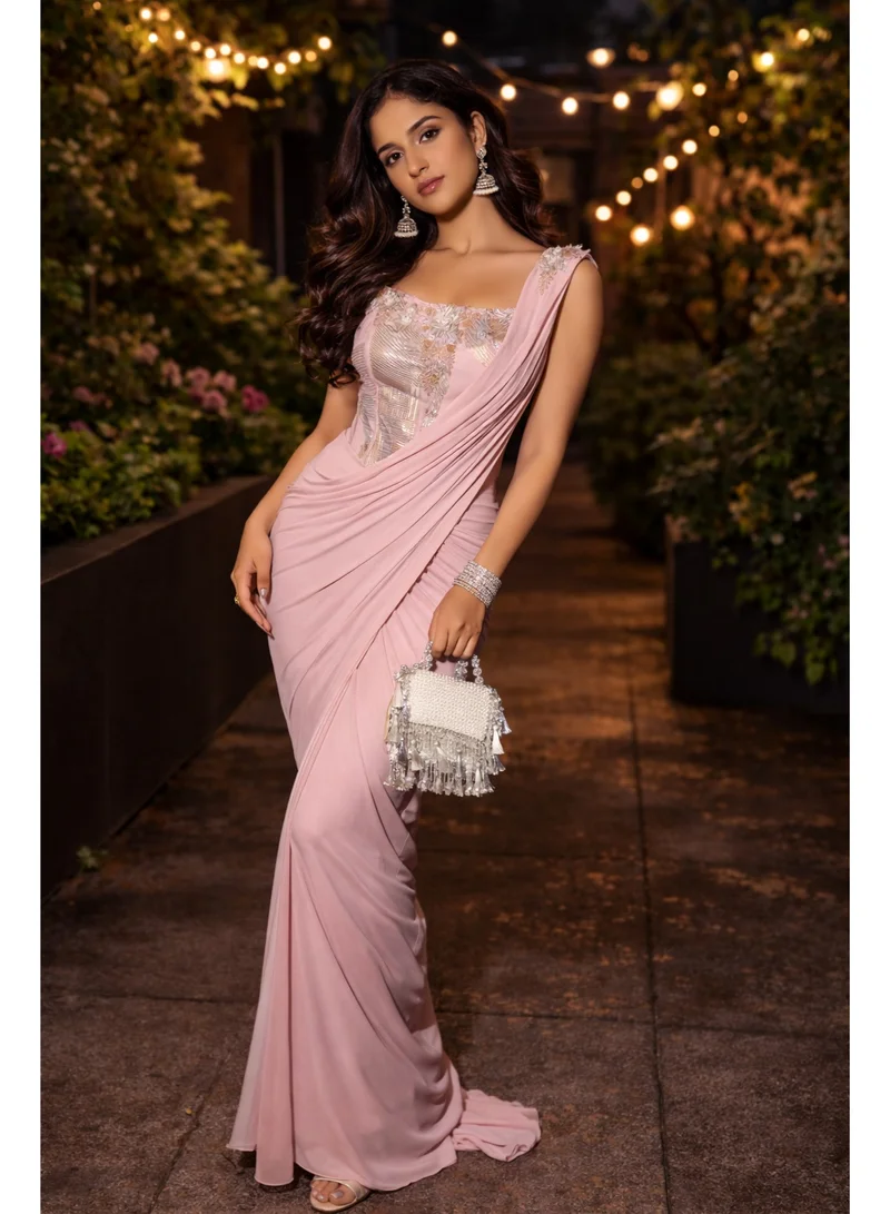 Lehar Baby Pink Embroidered Corset Saree Set