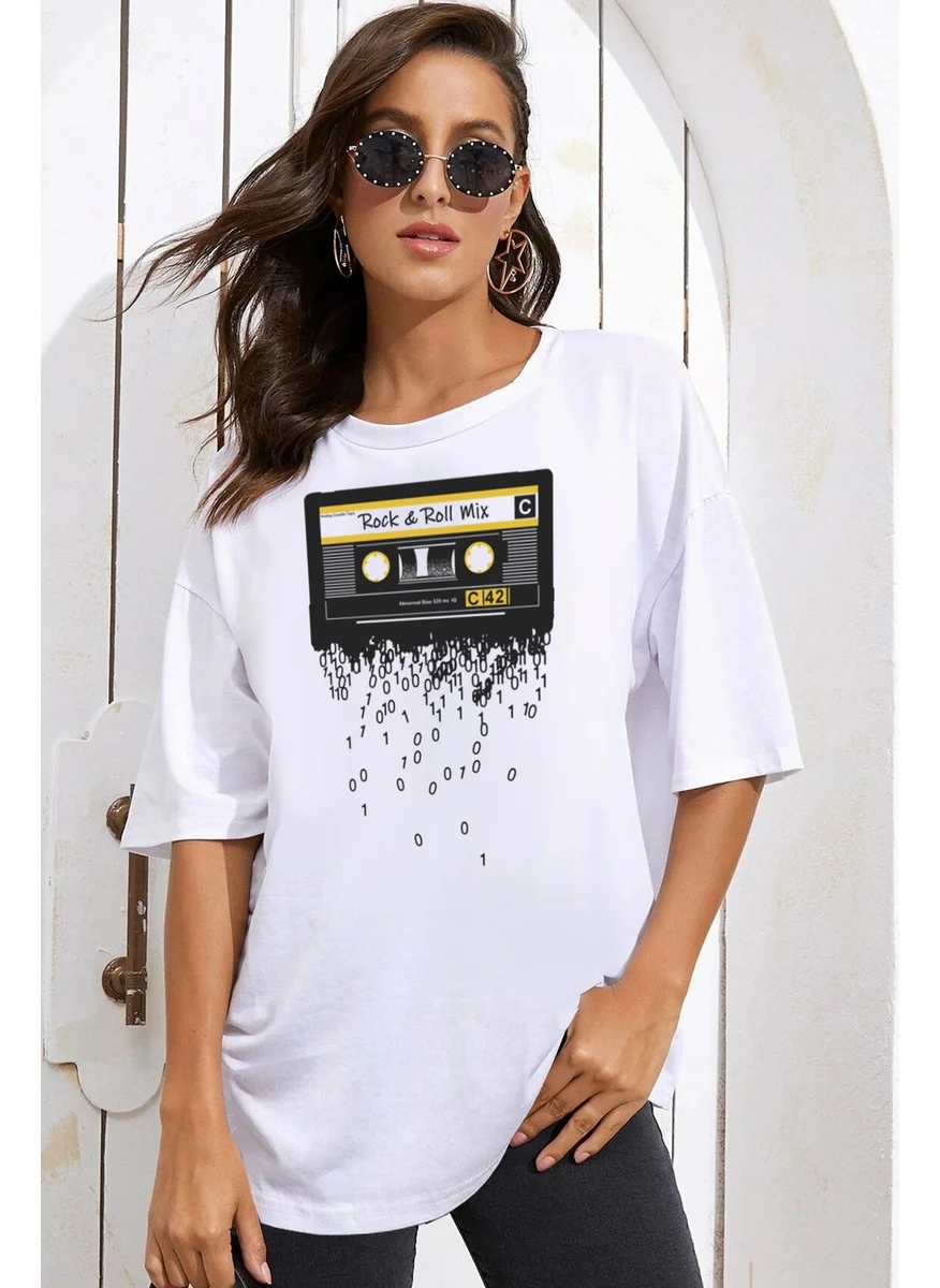 Rock&Roll Cassette Tape Oversize White Short Sleeve Women's T-Shirt