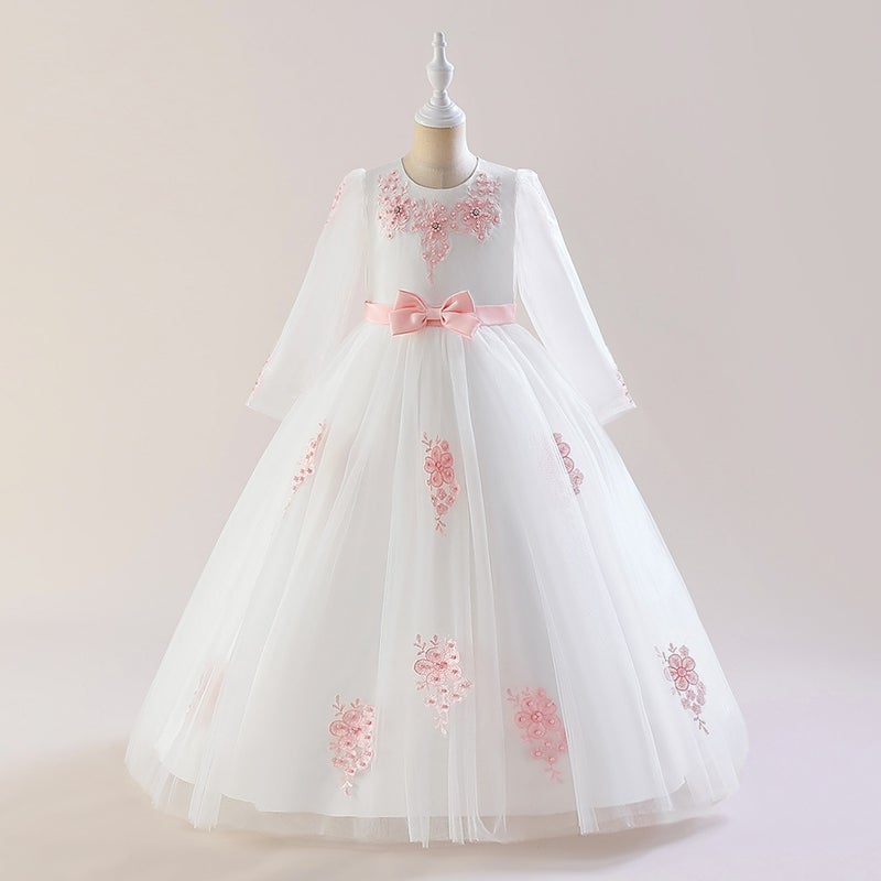 Girls long dress childrens dress 2024 cross-border European and American style piano performance dress long sleeve Western style princess dress LP-356-White 